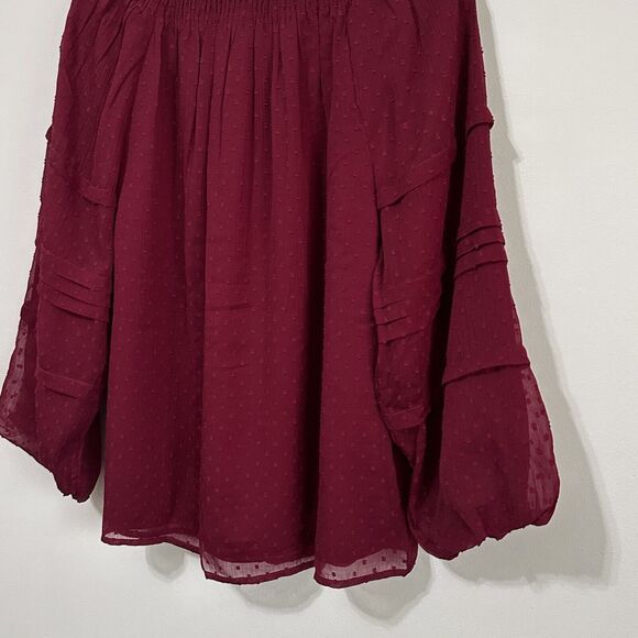 Loft Blouse Clip Dot Balloon 3/4 Sleeve S Maroon Trendy Popover Casual NEW - Picture 8 of 11